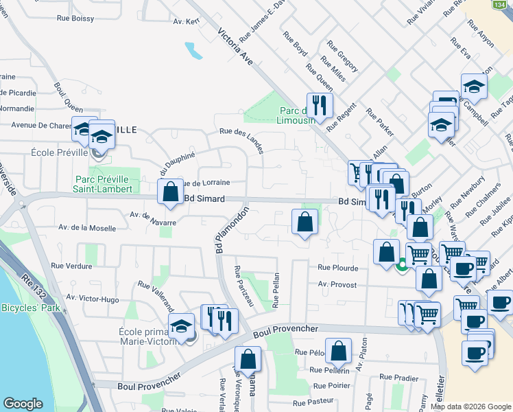 map of restaurants, bars, coffee shops, grocery stores, and more near 5407 Place Plamondon in Saint-Lambert