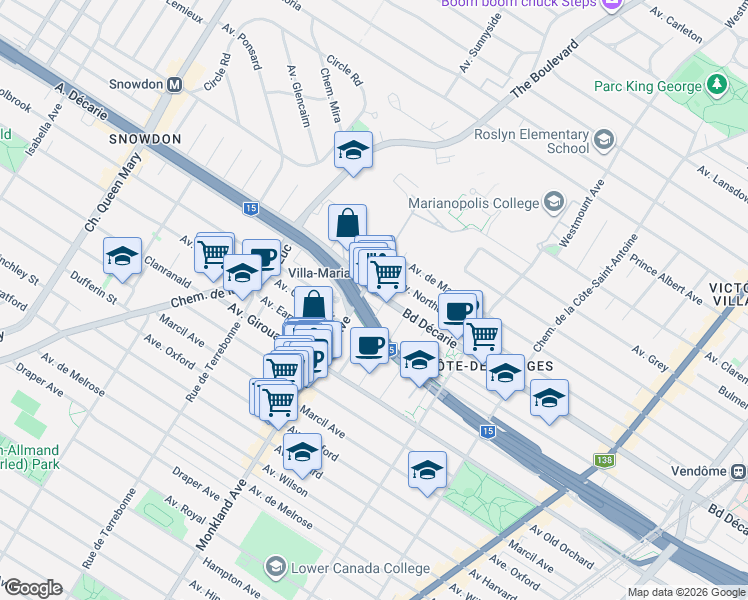 map of restaurants, bars, coffee shops, grocery stores, and more near 4234 Boulevard Décarie in Montréal
