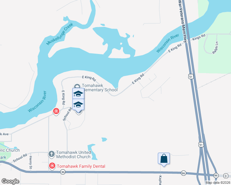 map of restaurants, bars, coffee shops, grocery stores, and more near 1469 East King Road in Tomahawk