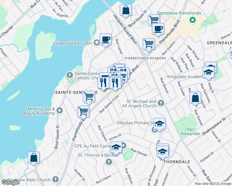 map of restaurants, bars, coffee shops, grocery stores, and more near 15744 Boulevard de Pierrefonds in Montréal