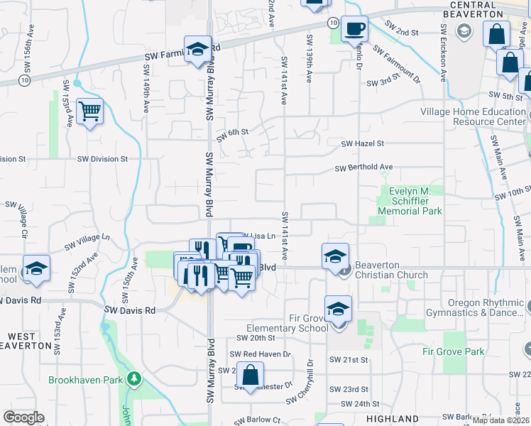 map of restaurants, bars, coffee shops, grocery stores, and more near 14175 Southwest Bonnie Brae Street in Beaverton
