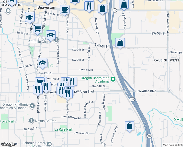 map of restaurants, bars, coffee shops, grocery stores, and more near 11550 Southwest 12th Street in Beaverton