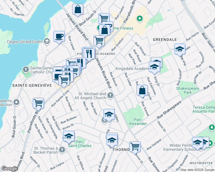 map of restaurants, bars, coffee shops, grocery stores, and more near 4415 Boulevard Jacques Bizard in Montréal