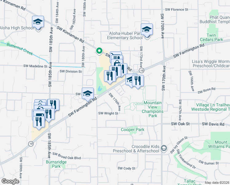 map of restaurants, bars, coffee shops, grocery stores, and more near 5655 Southwest 176th Avenue in Aloha