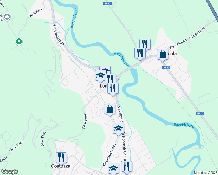 map of restaurants, bars, coffee shops, grocery stores, and more near 86 Via Roma in Longare