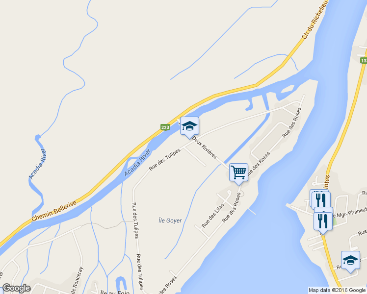 map of restaurants, bars, coffee shops, grocery stores, and more near Rue des Tulipes in Carignan