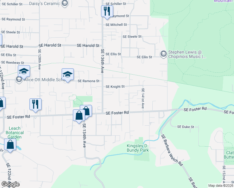 map of restaurants, bars, coffee shops, grocery stores, and more near 6105 Southeast 138th Place in Portland