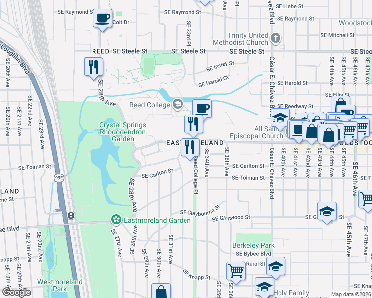 map of restaurants, bars, coffee shops, grocery stores, and more near 6123 Southeast Reed College Place in Portland