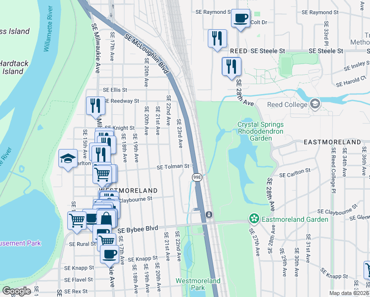 map of restaurants, bars, coffee shops, grocery stores, and more near 6116 Southeast 23rd Avenue in Portland