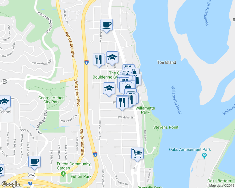 map of restaurants, bars, coffee shops, grocery stores, and more near 6228 South Hood Avenue in Portland