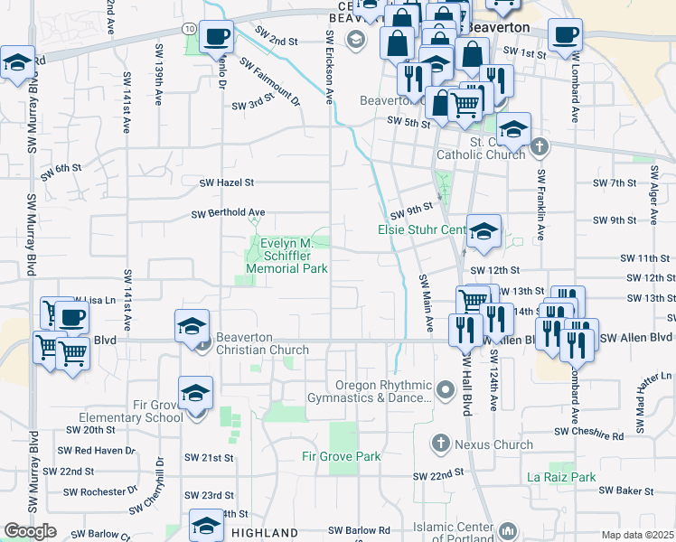 map of restaurants, bars, coffee shops, grocery stores, and more near 5670 Southwest Erickson Avenue in Beaverton