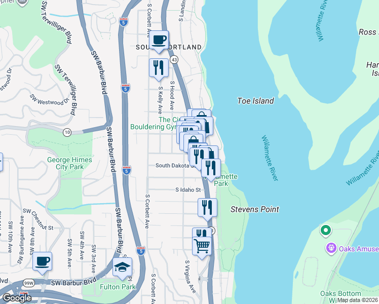 map of restaurants, bars, coffee shops, grocery stores, and more near 100 South Carolina Street in Portland