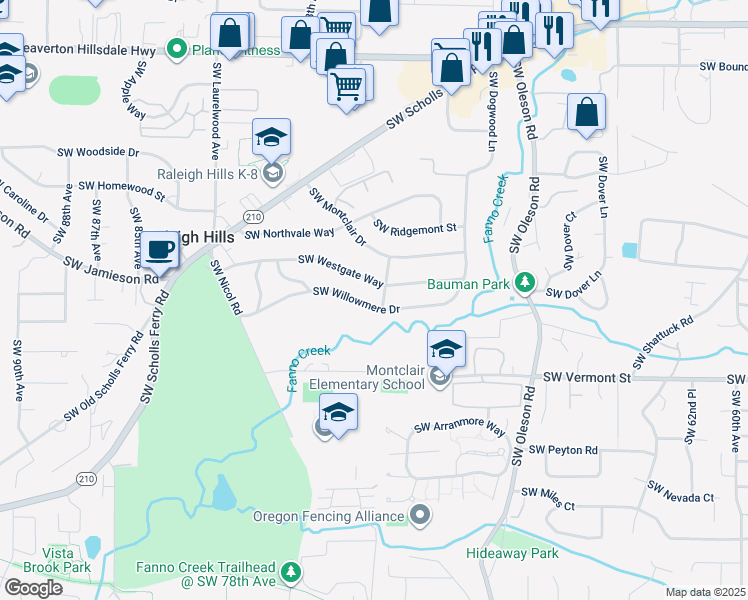 map of restaurants, bars, coffee shops, grocery stores, and more near 7565 Southwest Willowmere Drive in Portland