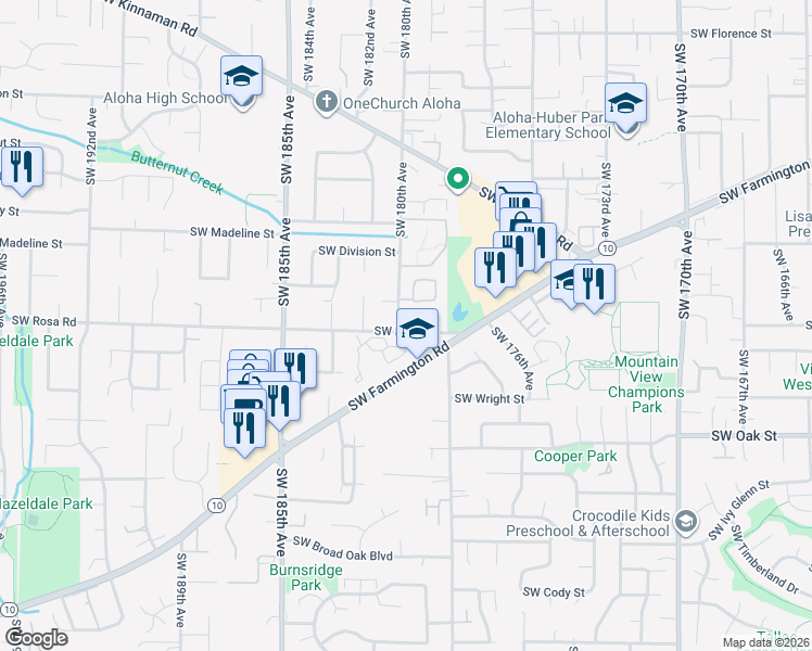 map of restaurants, bars, coffee shops, grocery stores, and more near 17935 Southwest Farmington Road in Beaverton