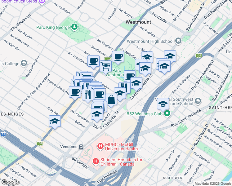 map of restaurants, bars, coffee shops, grocery stores, and more near 4800 Maisonneuve Boulevard West in Westmount