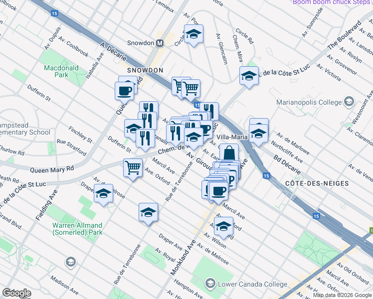map of restaurants, bars, coffee shops, grocery stores, and more near 4545 Avenue Girouard in Montréal