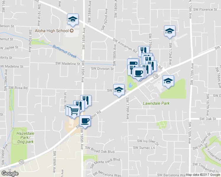 map of restaurants, bars, coffee shops, grocery stores, and more near 18065 Southwest Rosa Road in Aloha