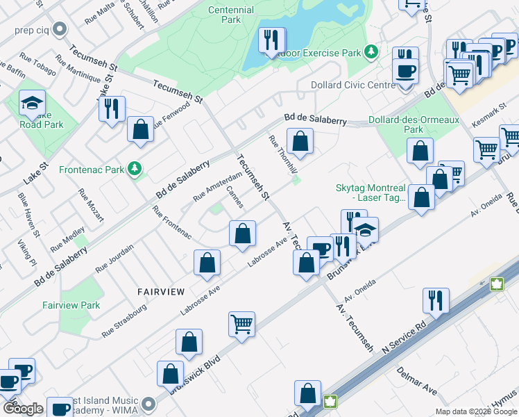 map of restaurants, bars, coffee shops, grocery stores, and more near 204 Rue Thornhill in Dollard-des-Ormeaux