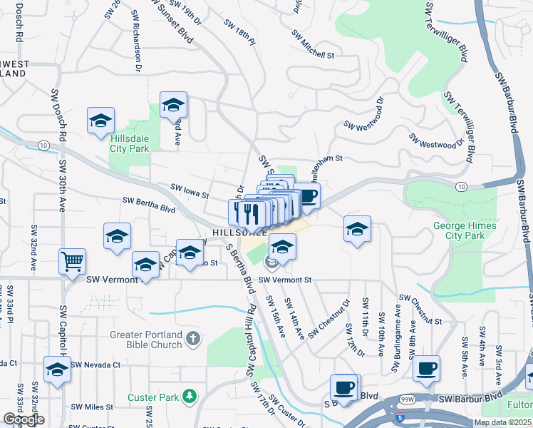 map of restaurants, bars, coffee shops, grocery stores, and more near 6351 Southwest Capitol Highway in Portland