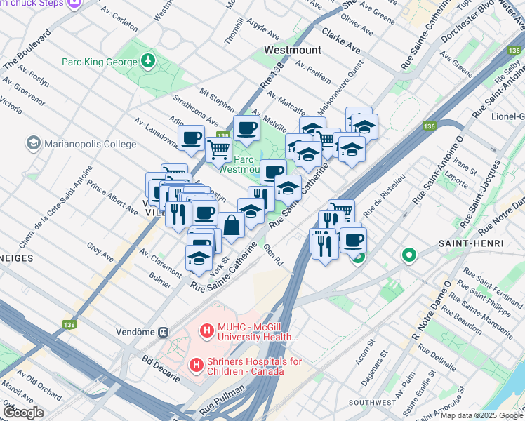 map of restaurants, bars, coffee shops, grocery stores, and more near 250 Avenue Lansdowne in Westmount