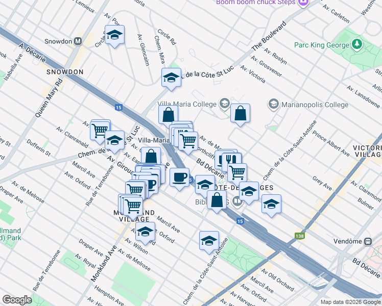 map of restaurants, bars, coffee shops, grocery stores, and more near 4201 Boulevard Décarie in Montréal