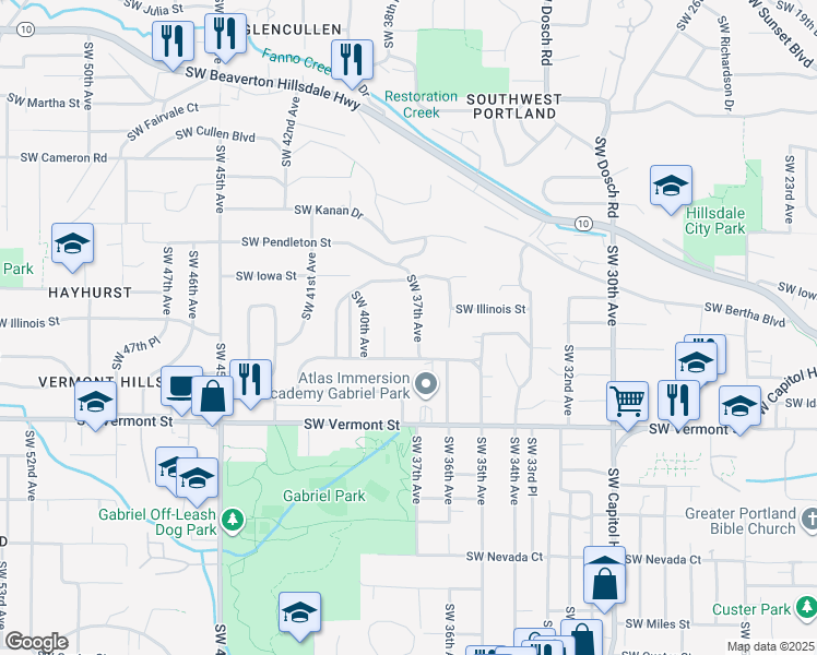 map of restaurants, bars, coffee shops, grocery stores, and more near 6310 Southwest 39th Avenue in Portland