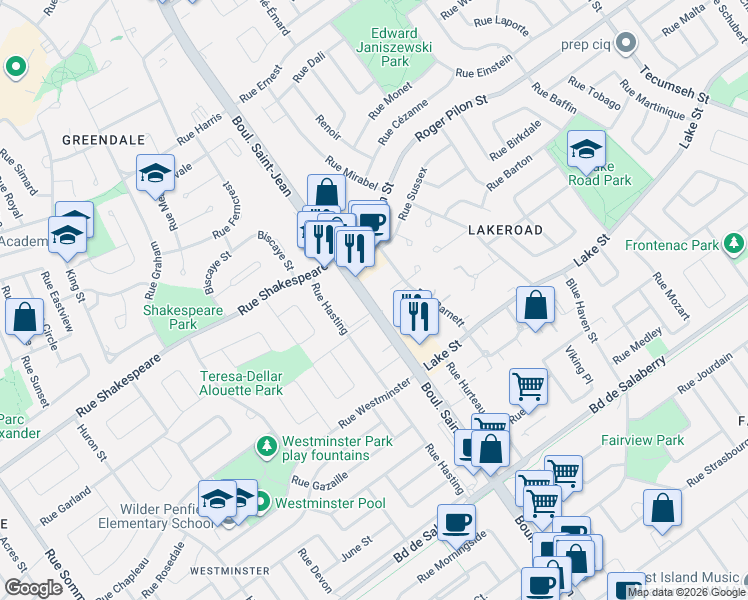 map of restaurants, bars, coffee shops, grocery stores, and more near 4227 Boulevard Saint-Jean in Dollard-des-Ormeaux