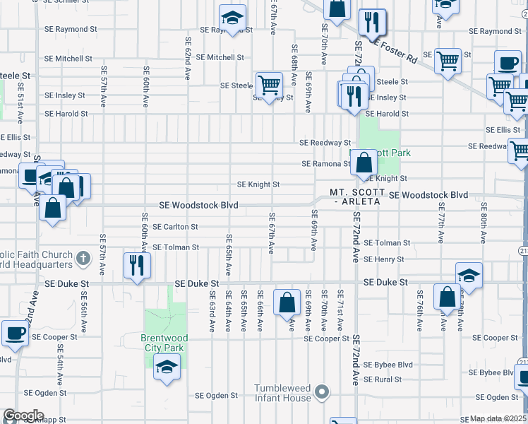 map of restaurants, bars, coffee shops, grocery stores, and more near 6633 Southeast Carlton Street in Portland