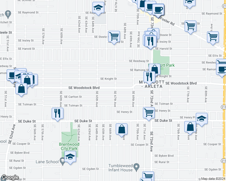map of restaurants, bars, coffee shops, grocery stores, and more near 6646 Southeast Woodstock Boulevard in Portland