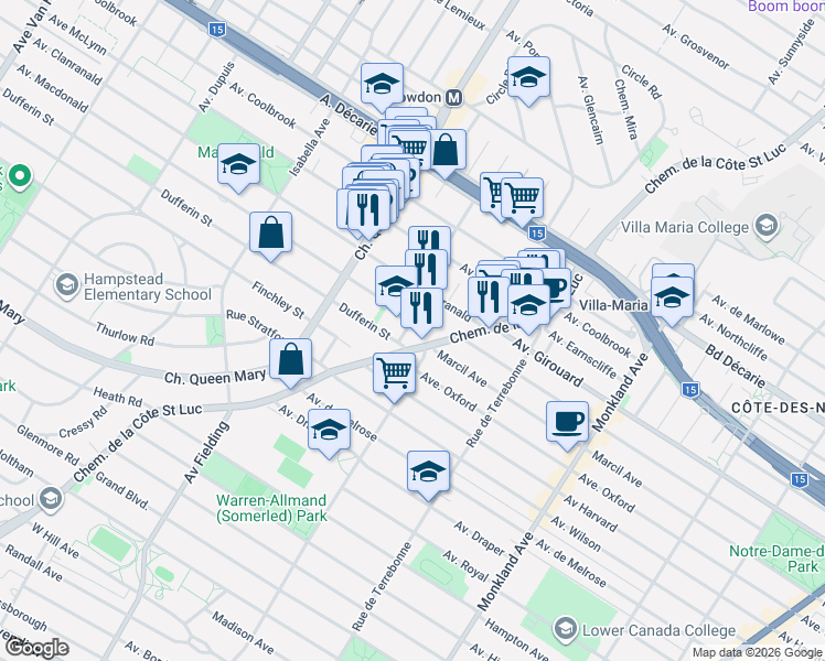 map of restaurants, bars, coffee shops, grocery stores, and more near 5596 Rue Snowdon in Montréal