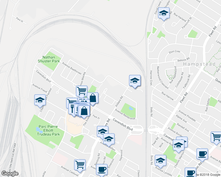 map of restaurants, bars, coffee shops, grocery stores, and more near 5785 Avenue Sir Walter Scott in Côte Saint-Luc