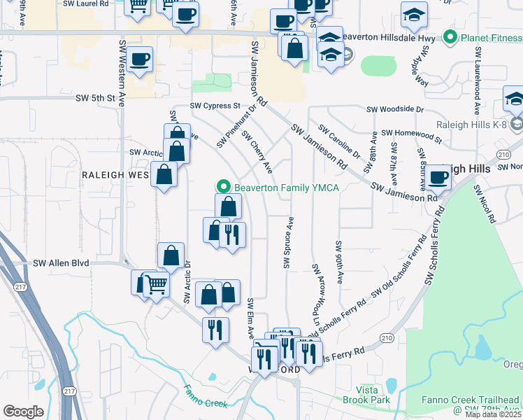 map of restaurants, bars, coffee shops, grocery stores, and more near 9370 Southwest Pine Street in Beaverton