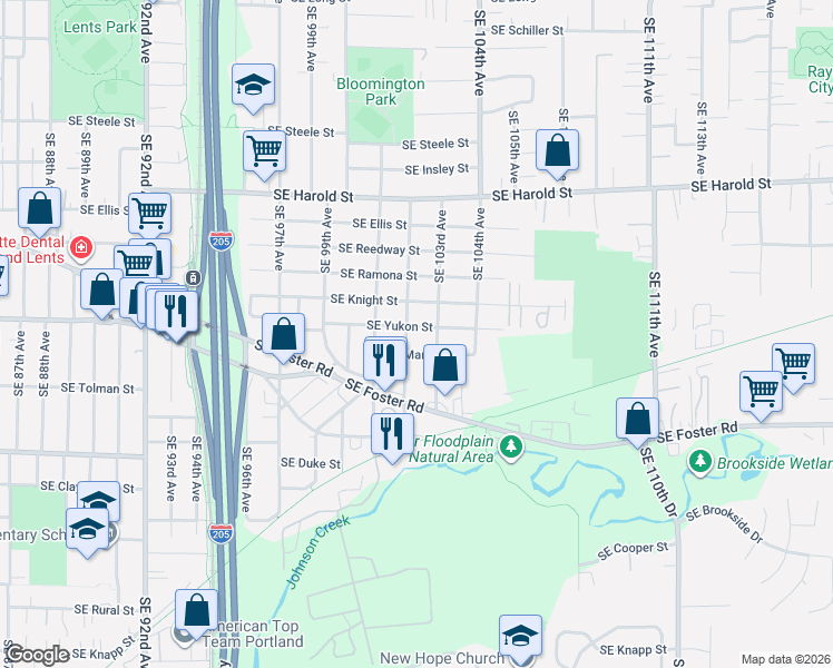 map of restaurants, bars, coffee shops, grocery stores, and more near 6033 Southeast 103rd Avenue in Portland