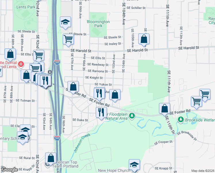 map of restaurants, bars, coffee shops, grocery stores, and more near 6033 Southeast 103rd Avenue in Portland
