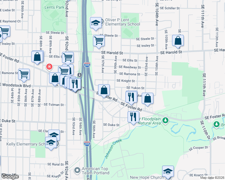 map of restaurants, bars, coffee shops, grocery stores, and more near 6025 Southeast 99th Avenue in Portland
