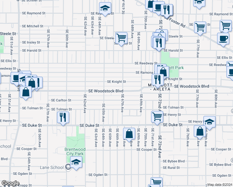 map of restaurants, bars, coffee shops, grocery stores, and more near 6633 Southeast Carlton Street in Portland