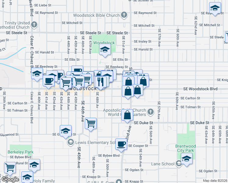 map of restaurants, bars, coffee shops, grocery stores, and more near 6029 Southeast 50th Avenue in Portland