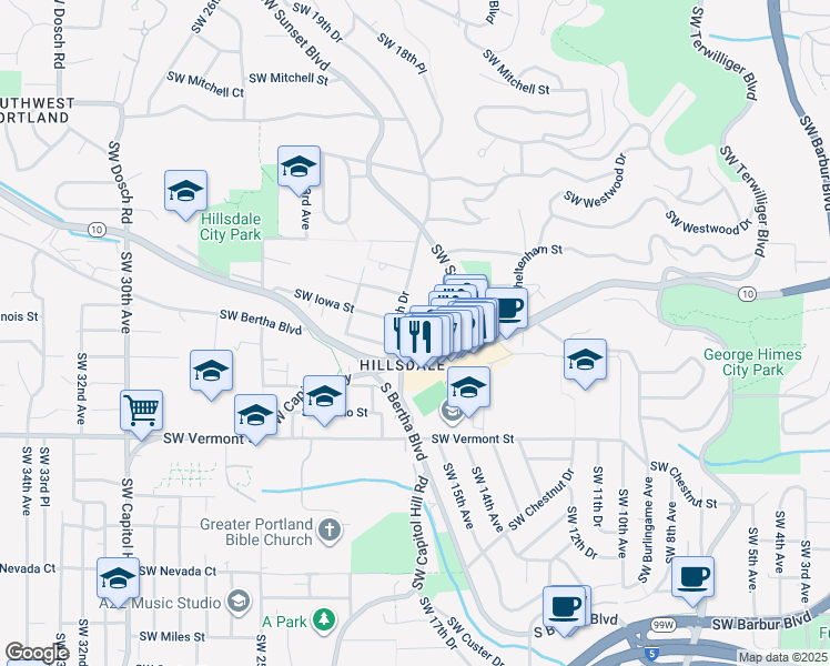 map of restaurants, bars, coffee shops, grocery stores, and more near in Portland