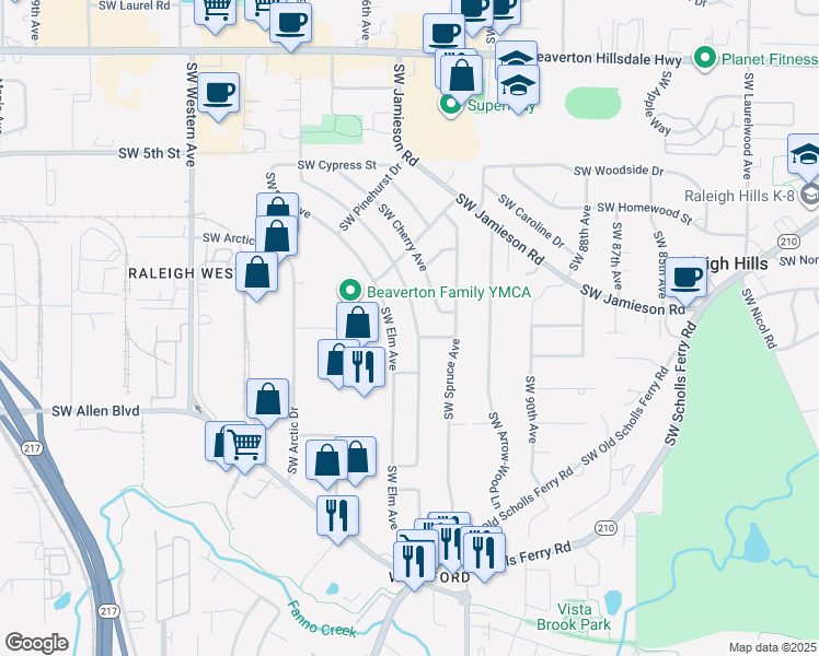 map of restaurants, bars, coffee shops, grocery stores, and more near 9370 Southwest Pine Street in Beaverton
