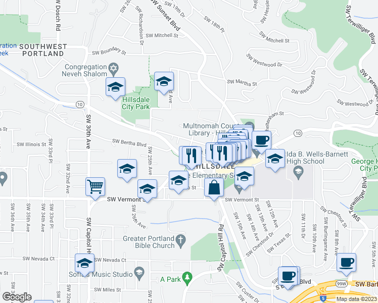 map of restaurants, bars, coffee shops, grocery stores, and more near 6219 Southwest 21st Avenue in Portland