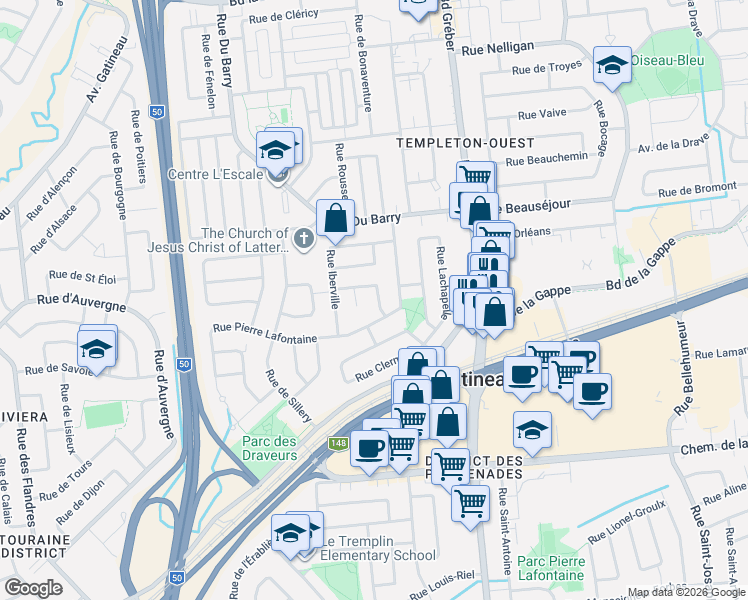 map of restaurants, bars, coffee shops, grocery stores, and more near 42 Rue Charles Carrière in Gatineau