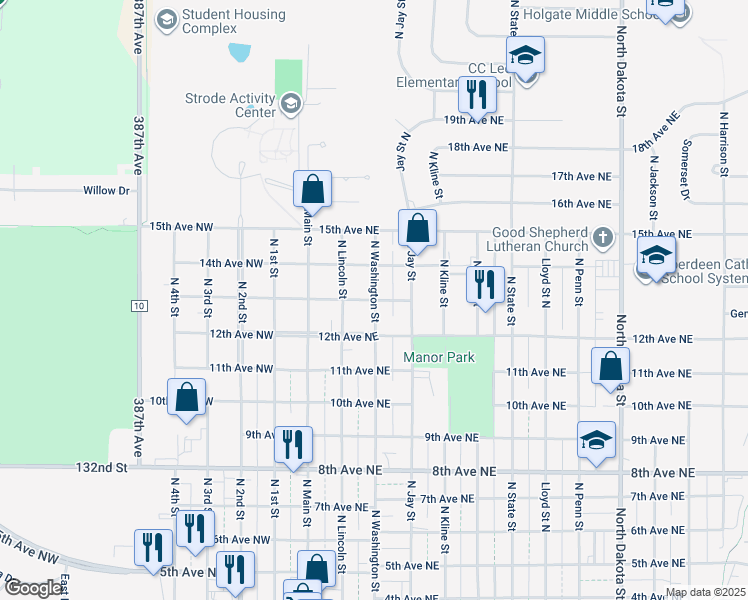 map of restaurants, bars, coffee shops, grocery stores, and more near 1299 North Washington Street in Aberdeen