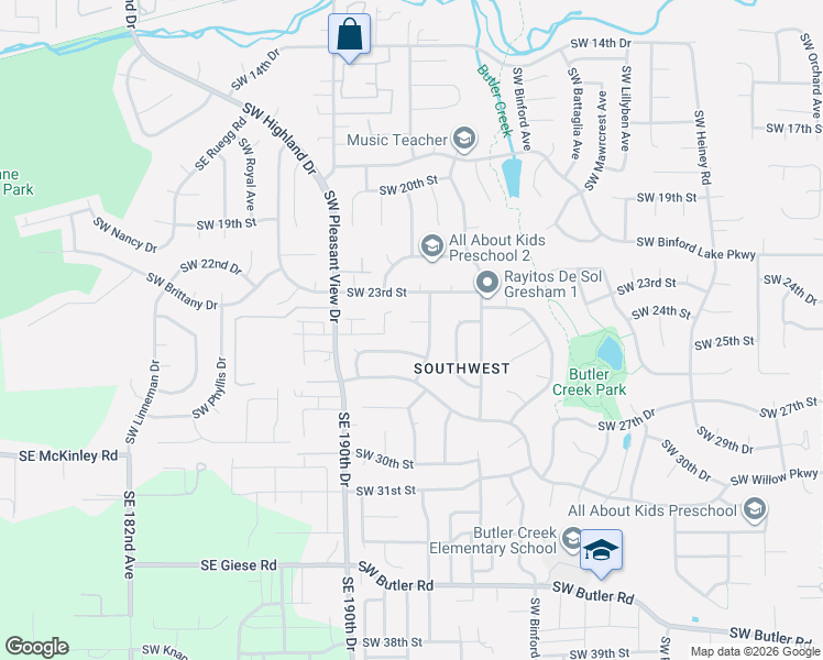 map of restaurants, bars, coffee shops, grocery stores, and more near 3200 Southwest 24th Street in Gresham