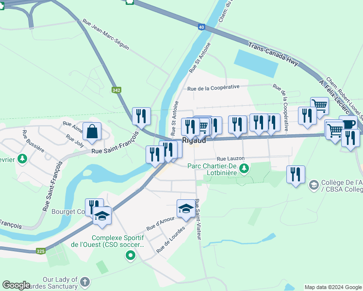 map of restaurants, bars, coffee shops, grocery stores, and more near 17 Rue Sainte-Madeleine in Rigaud