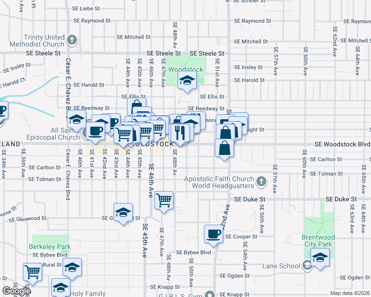 map of restaurants, bars, coffee shops, grocery stores, and more near 4811 Southeast Martins Street in Portland