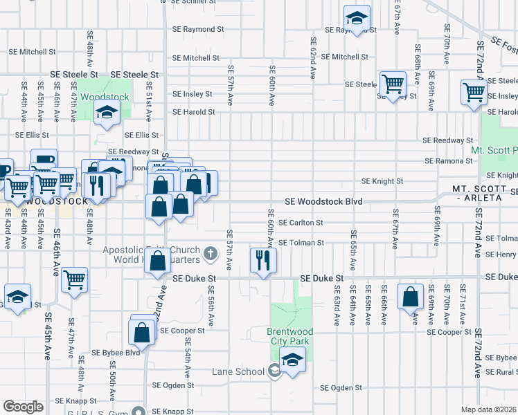 map of restaurants, bars, coffee shops, grocery stores, and more near 5850 Southeast Woodstock Boulevard in Portland