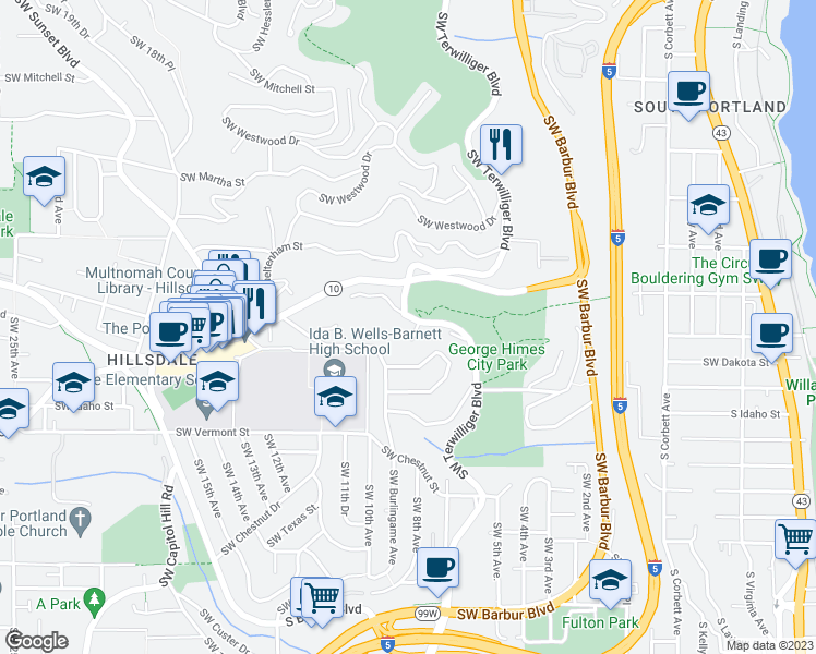 map of restaurants, bars, coffee shops, grocery stores, and more near 801 Southwest Terwilliger Place in Portland