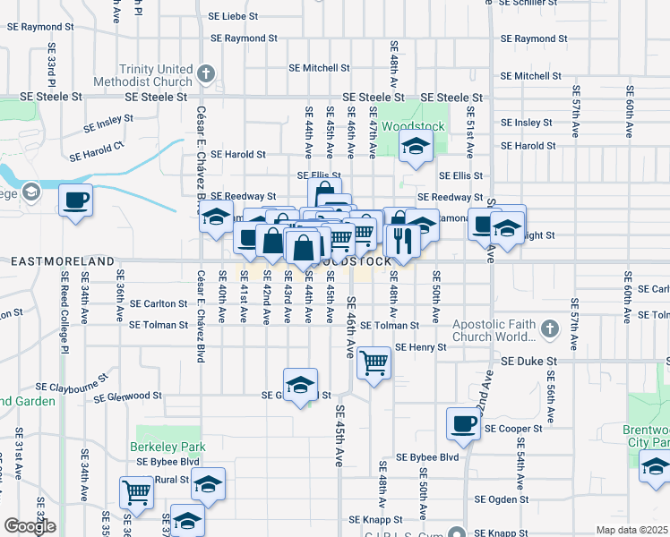 map of restaurants, bars, coffee shops, grocery stores, and more near 4500 Southeast Woodstock Boulevard in Portland