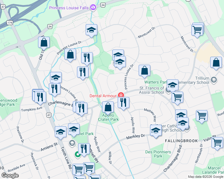 map of restaurants, bars, coffee shops, grocery stores, and more near 596 Deancourt Crescent in Ottawa
