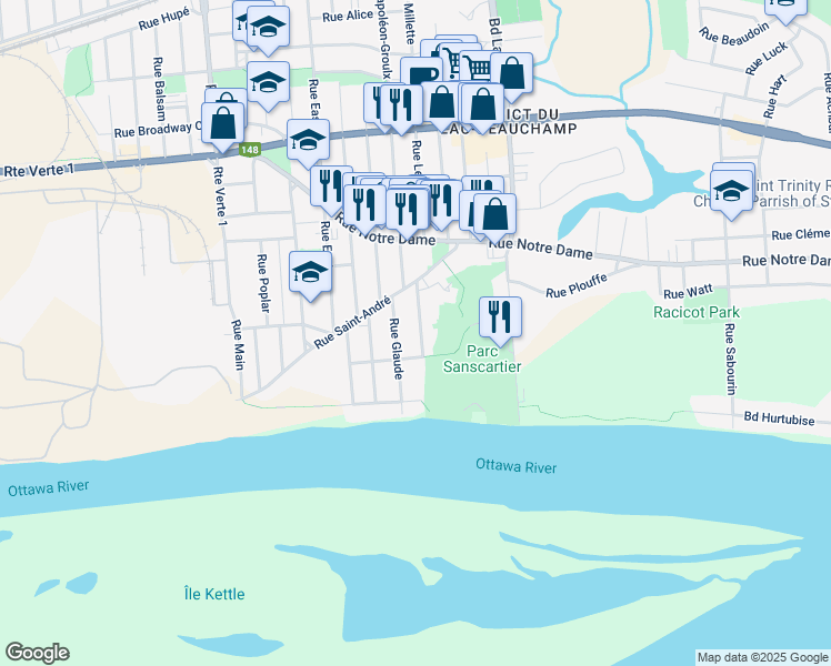 map of restaurants, bars, coffee shops, grocery stores, and more near 65 Rue Saint-Denis in Gatineau